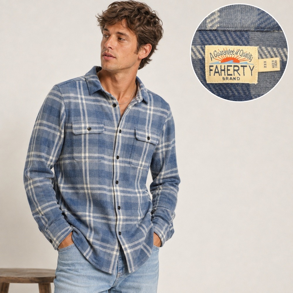 Faherty Brand Men's Legend Sweater Shirt Blue Plaid Flannel Button Down Medium